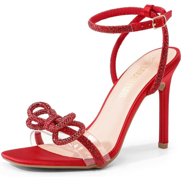 🆕 Women Red Double Bowknots Crystal Sandals Clear Slingback Square Toe Heels - Picture 1 of 7